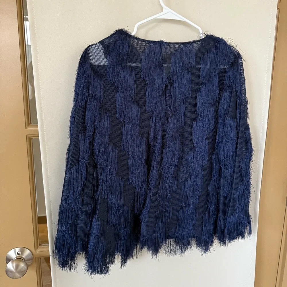 Kellee Womens‎ Small Navy Blue Fringe Flare 3/4 Sleeve Button Up Cardigan